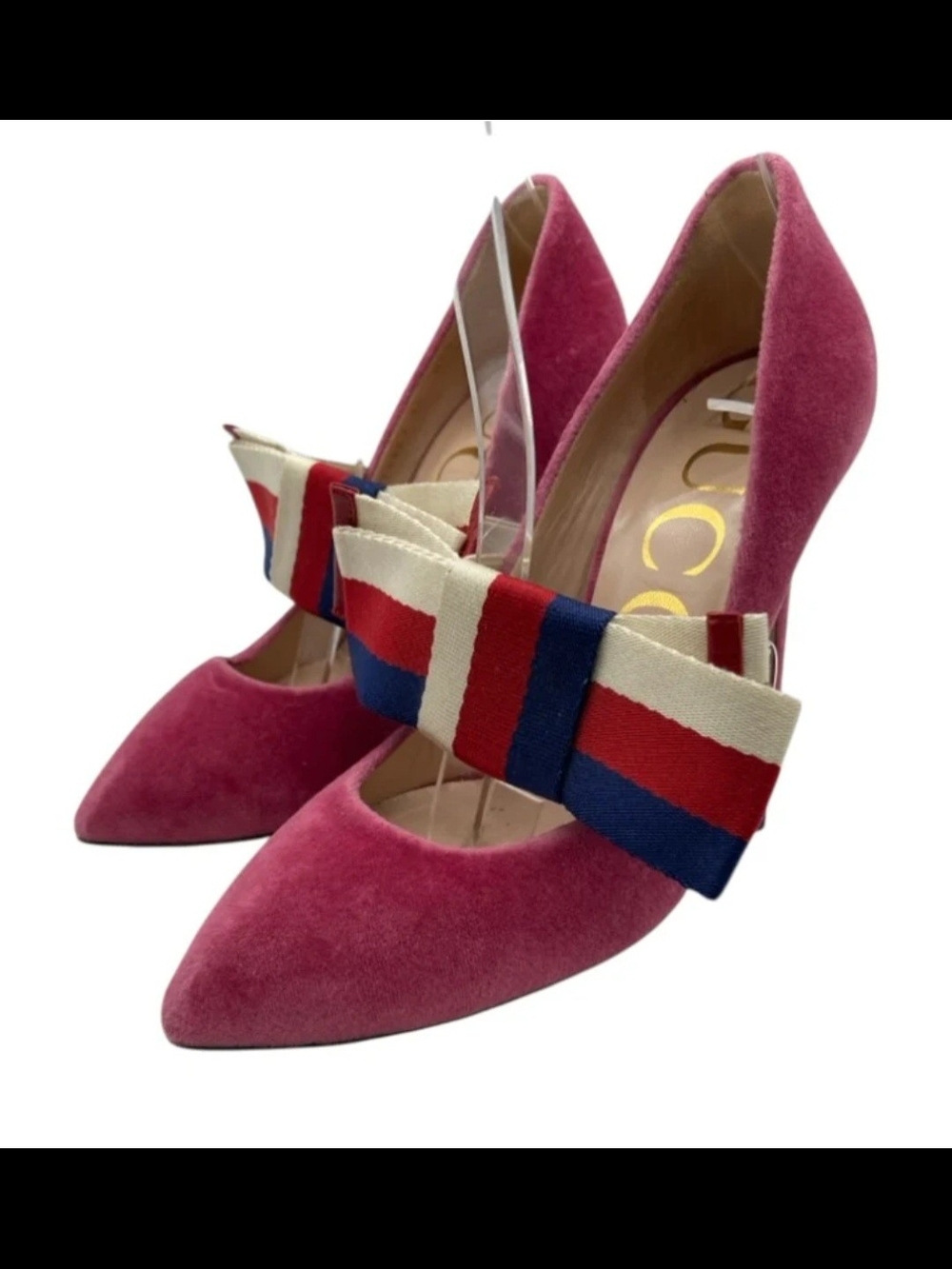 Authentic Gucci Web Pink Velvet Pointed-Toe Heels with Striped Bow